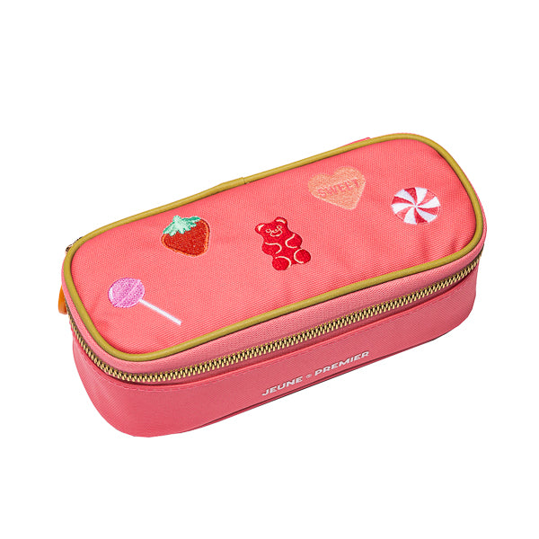 Pencil Box Candy. Trendy spacious pencil box. A plain pencil box, varnished with Jeune Premier designs, with a selection of elastic bands on the lid to store your favorite pens.